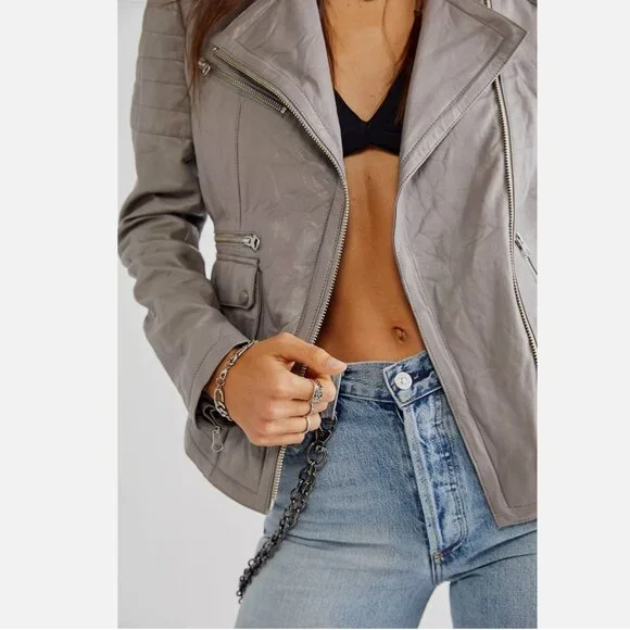 New Free People I'll Be Around Leather Moto Jacket Size Large MSRP: $428